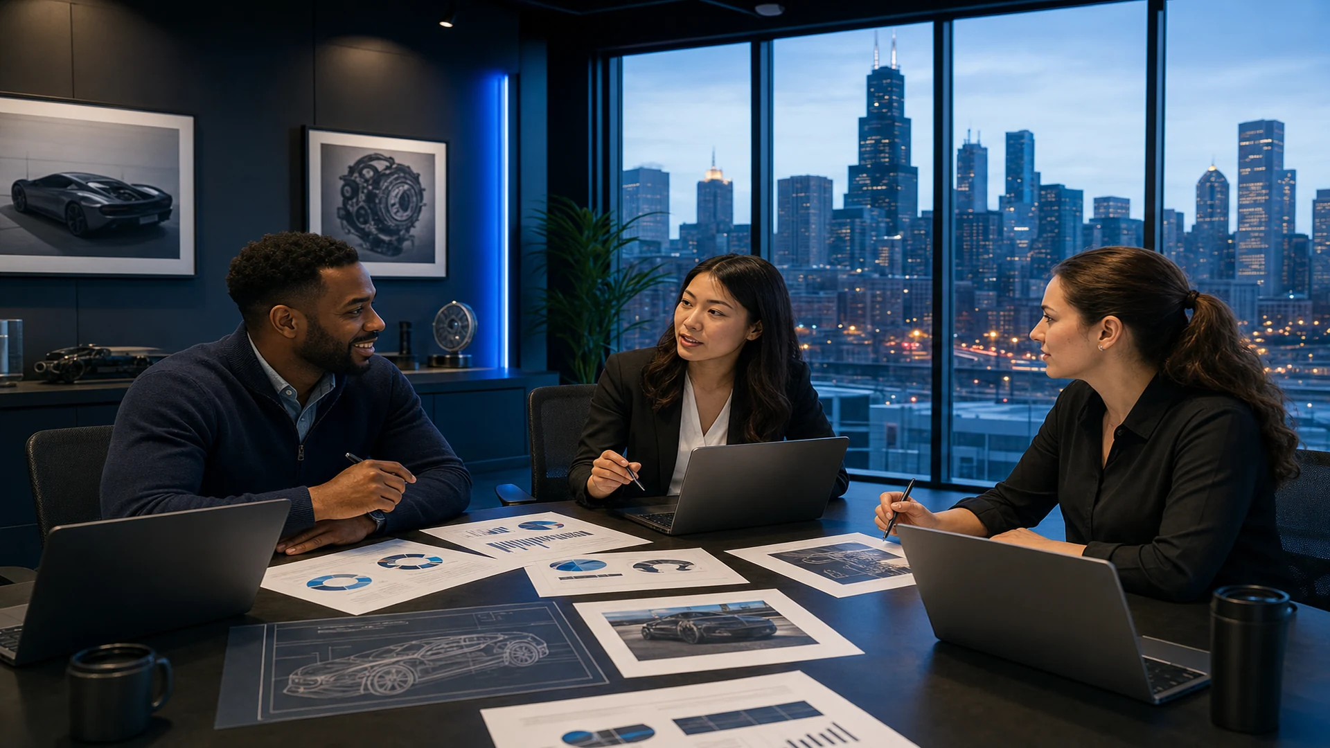 Editorial team planning car-sharing fleet diagnostics educational materials in Chicago office, 1920x1080