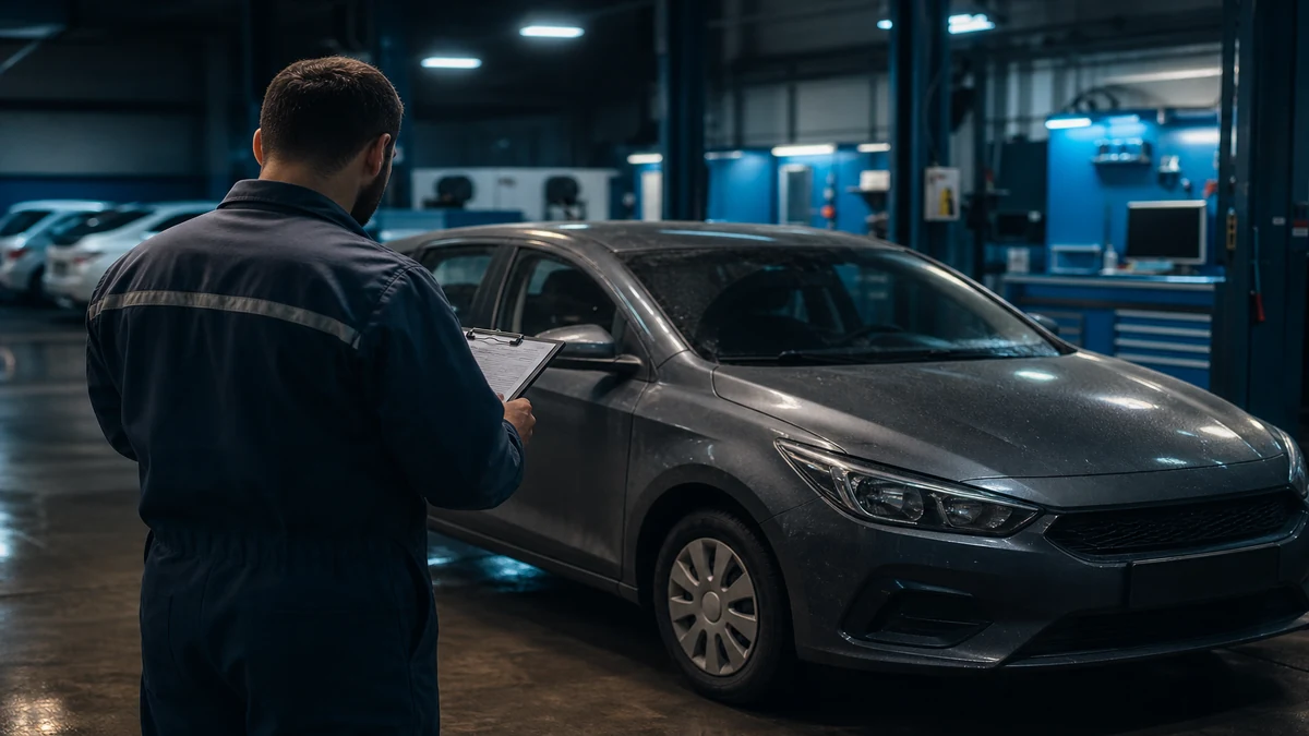 Technician completing between-trip vehicle walk-around inspection at car-sharing fleet depot, 1200x675