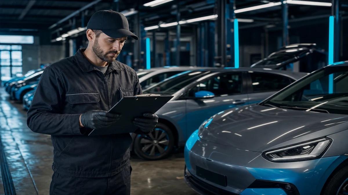 Planned maintenance schedule review at car-sharing fleet workshop with inspection checklist, 1200x675